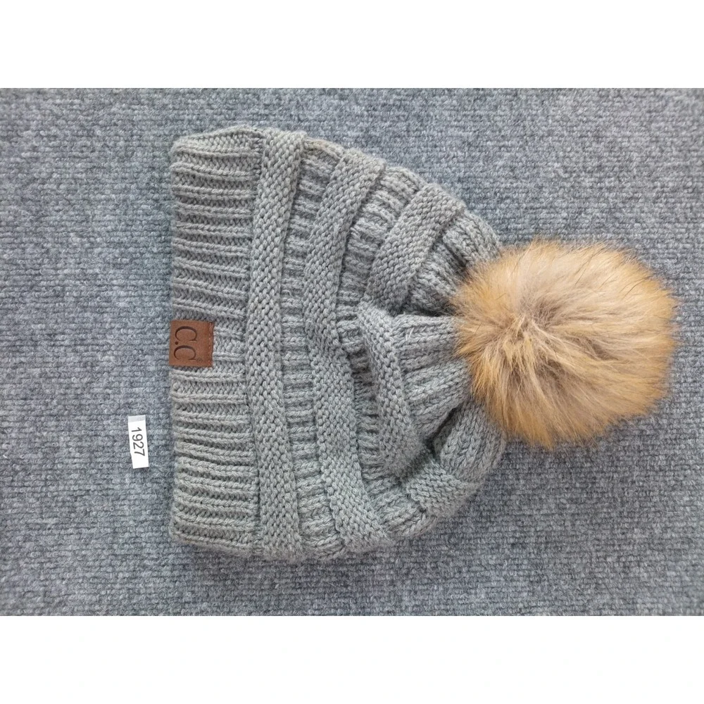 C.C  Stretch Cable Knit Ribbed Super Soft Faux Fur Pom Pom Beanie Hat cc